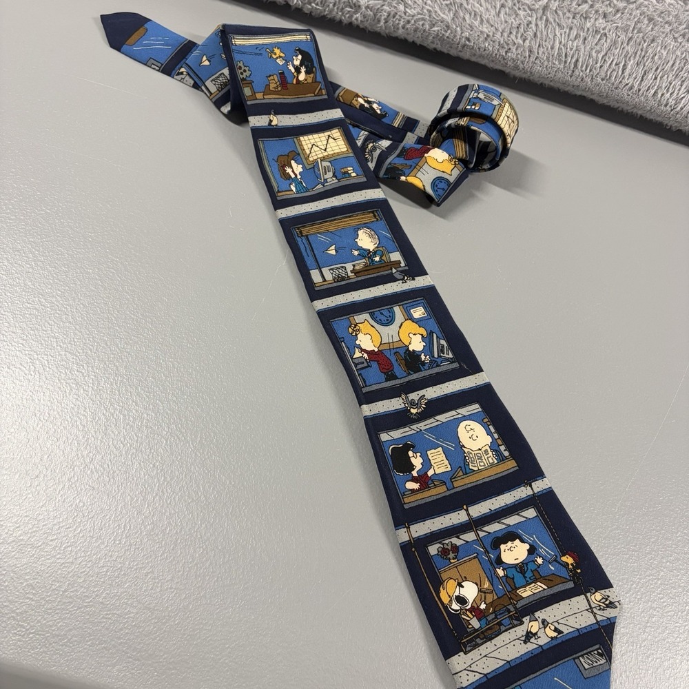 Peanuts Gang Working‎ in Office Neck Tie Silk Mens Navy Blue Funny Geek